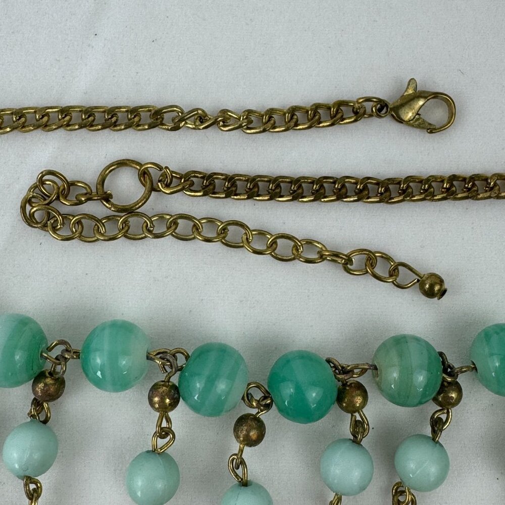 Vtg Multi-Strand Faux Jade Beaded Necklace 21" Brass Discs Art Deco Statement - Picture 4 of 9